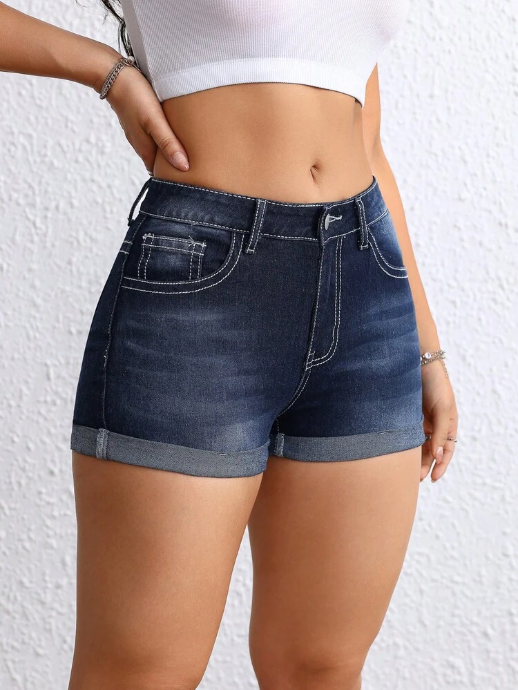 Shorts de mezclilla lisos para mujer con bolsillos y botones para verano