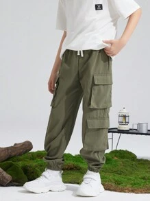 SHEIN Boys Drawstring Waist Cargo Trousers - Army Green - View 1