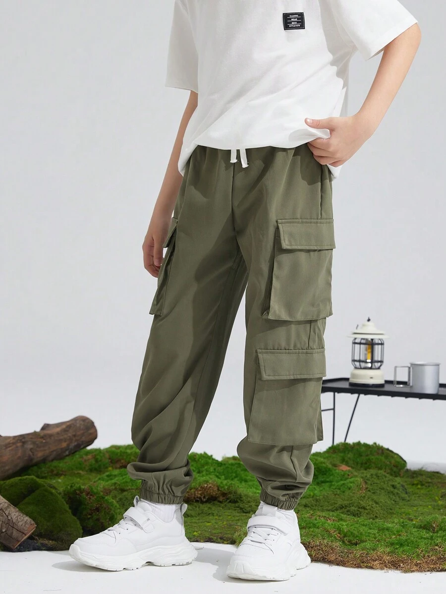 SHEIN Boys Drawstring Waist Cargo Trousers - Army Green - View 1