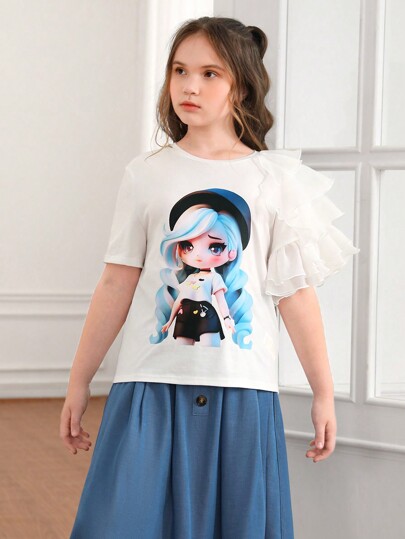 SHEIN Tween Girl Extended Size Holiday Casual Spring/Summer Woven Top With Knit Solid Color Design And 3D Sleeves