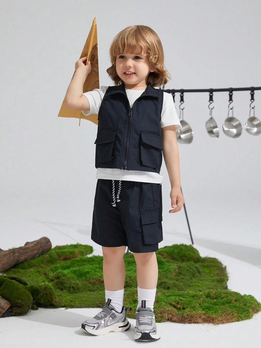 SHEIN 年輕男孩實色t恤與翻蓋口袋背心外套和束腰短褲 - 黑與白 - 查看 1