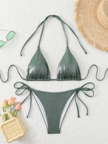 SHEIN Swim 女士纯色金属质感挂脖比基尼套装（带分体比基尼套装），夏季海滩 - 墨綠色 - 查看 1