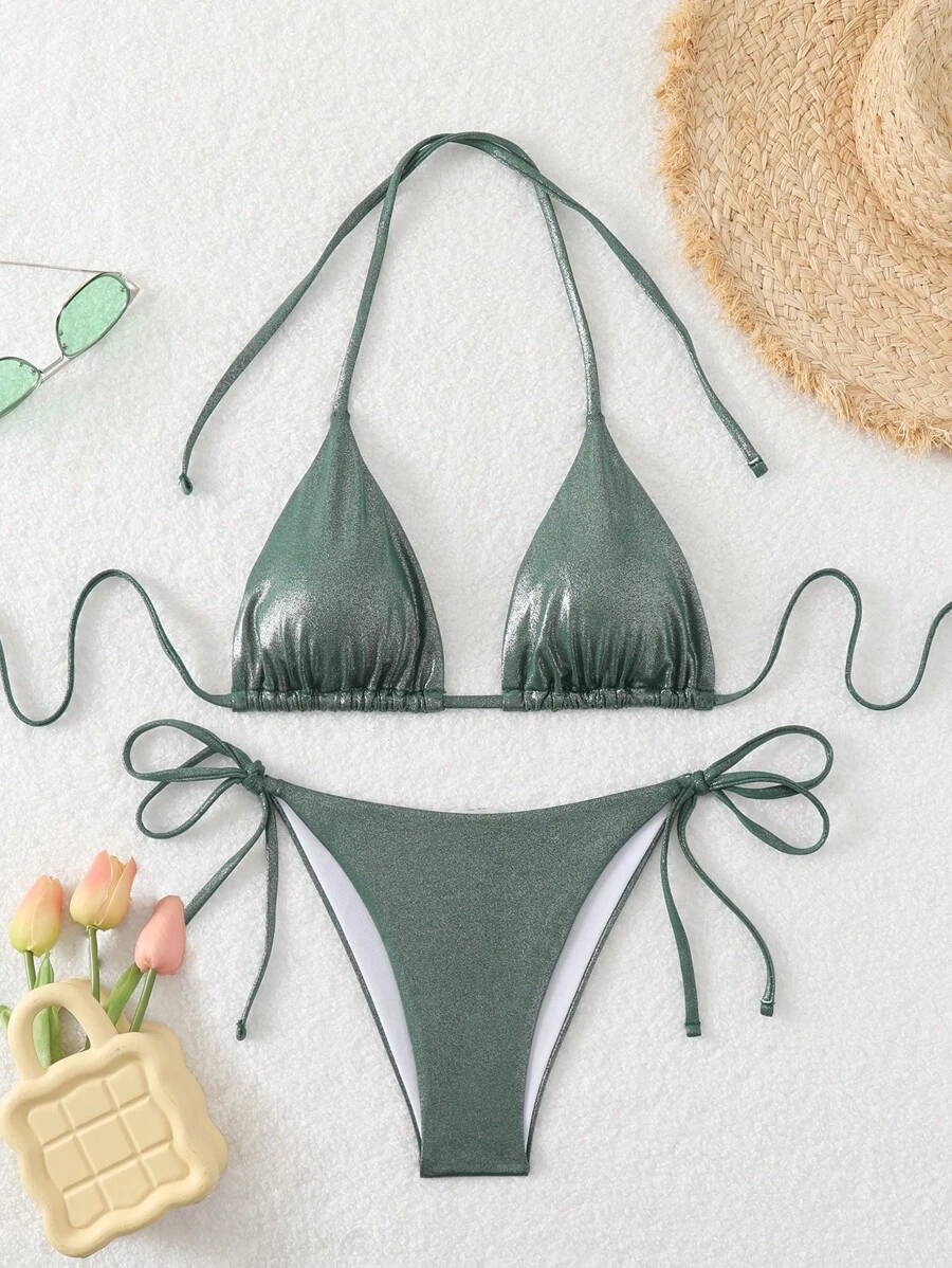 SHEIN Swim 女士纯色金属质感挂脖比基尼套装(带分体比基尼套装),夏季海滩 - 墨綠色 - 查看 1