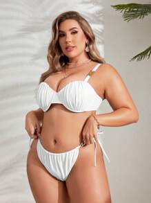 SHEIN Swim Curve 大码女式纯色比基尼套装，带褶边细节，性感度假套装，大码夏季泳装 - 彩色 - 查看 6