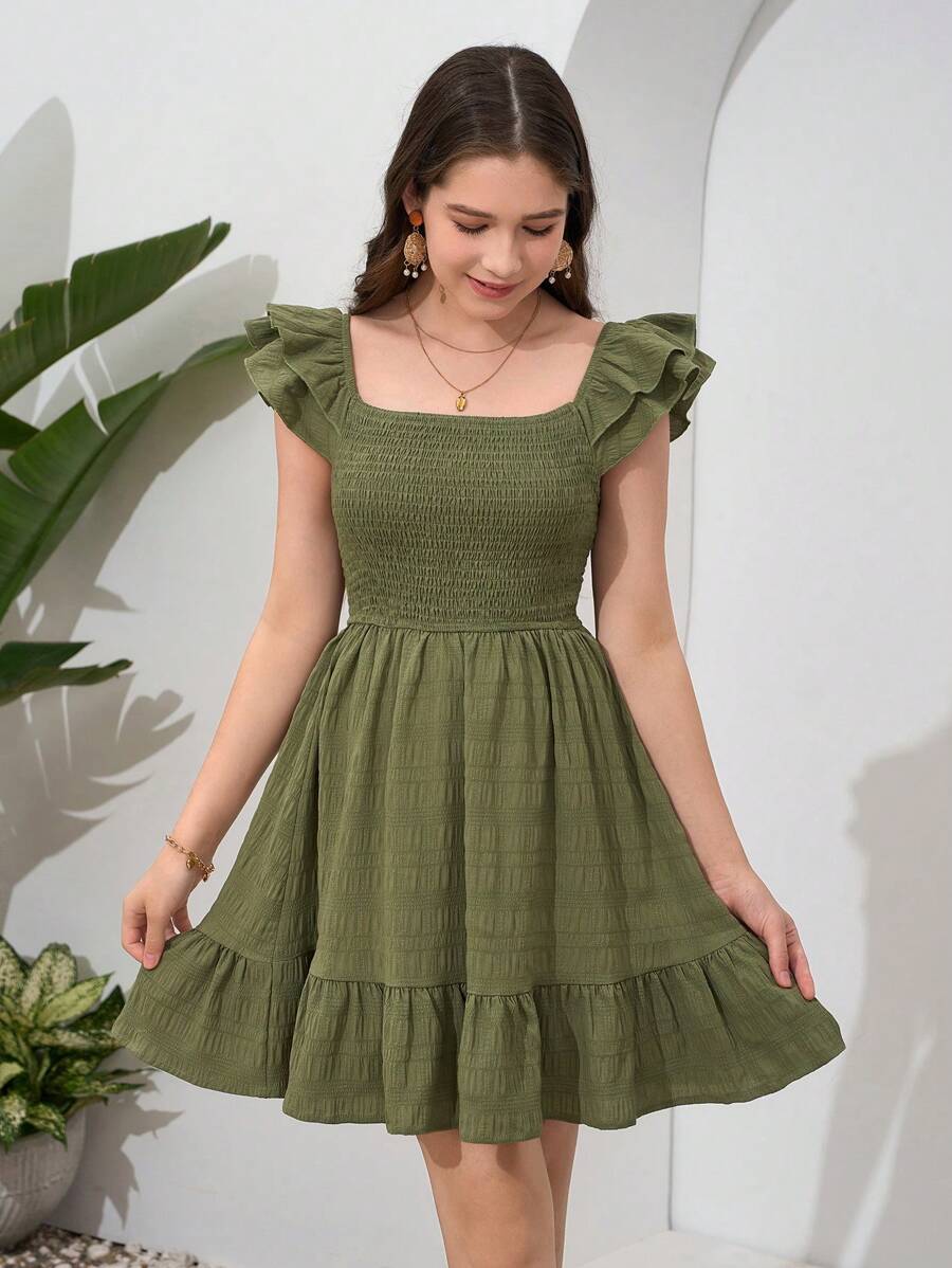 SHEIN 少女款梭织荷叶袖、方领、收腰假日休闲连衣裙 - 橄欖綠 - 查看 1