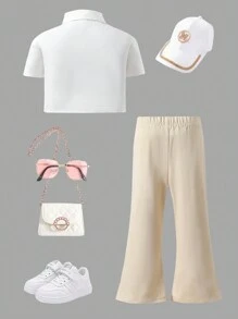 Pasujące stroje dla młodej dziewczynki "Mama i ja" (2 sztuki sprzedawane osobno) Casual, podstawowy, do pracy w stylu college'u, biała koszula z krótkim rękawem, kieszeniami i rozszerzanymi spodniami w kolorze khaki, odpowiednia na lato, jesień, szkołę, codzienne wyjścia i dopasowanie matka-córka - Wielokolorowe - Zobacz 2