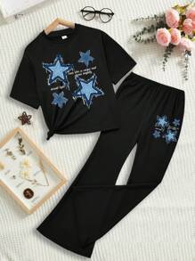 Mulvari 2 piezas Conjunto de top de manga corta con cuello redondo y pantalones casuales de pierna recta con estampado de estrellas de talla grande - Multicolor - Ver 1