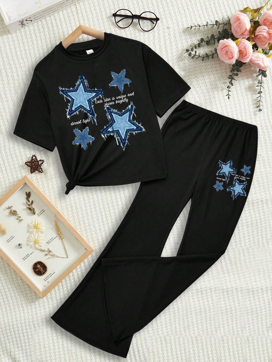 Mulvari 2 piezas Conjunto de top de manga corta con cuello redondo y pantalones casuales de pierna recta con estampado de estrellas de talla grande - Multicolor - Ver 1