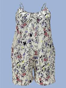 Plus Size Vacation Leisure Plant Printed Jumpsuit With Spaghetti Strap, Summer Eid - Beige - View 2