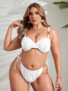 SHEIN Swim Curve 大码女式纯色比基尼套装，带褶边细节，性感度假套装，大码夏季泳装 - 彩色 - 查看 5