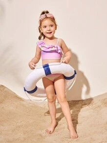 SHEIN Conjunto de bikini y traje de baño con volantes degradados lindos para niña pequeña, verano playa - Rosa Pálido - Ver 7