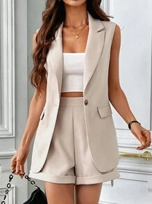 SHEIN Clasi Conjunto de blazer sin mangas y shorts de mujer en unicolor con cierre de botón para traje informal de verano - Albaricoque - Ver 6