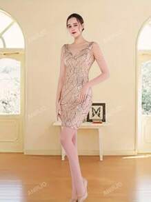 Vestido con cuello en V sin mangas, decorado con lentejuelas y cadena de cuentas, con abertura en el bajo. Vestido de gala formal elegante de mujer para fiestas de cóctel, bodas, graduaciones, cenas y fiestas de regreso a casa