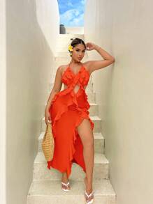 SHEIN SXY Robe orange fendue haute avec volants au dos et à l'encolure ras-du-cou, pour femmes grande taille. Convient pour le début du printemps, le printemps et l'été, la forêt tropicale, les fêtes sur la plage, les vacances au bord de , les soirées autour du feu de camp. Fraîche et légère, coupe slim, confortable à porter, facile à assortir, met la silhouette en valeur.