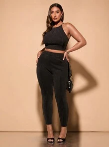 SHEIN BAE Plus Size Women's Plain Simple Daily Leggings - Orange - View 5