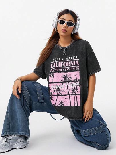 Coolane Oversized Coconut Tree Print Lös T-shirt för kvinnor, pojkvänstil, Distressed Wash, Kort ärm, Sommar