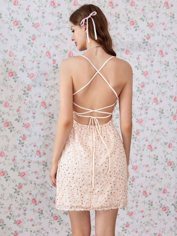 Women Sparkling Glitter Plush Decorated Cross Tie Dress