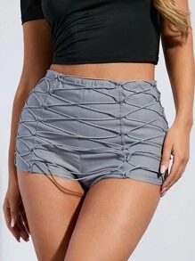 SHEIN BAE 女裝純灰色貨物短褲，配有複雜的綁帶裝飾，時尚款式，適合嬌小尺碼 - 灰色 - 查看 6