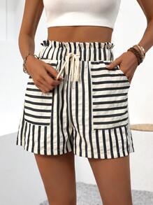 SHEIN LUNE Vakantie casual colorblock gestreepte papieren zak taille shorts