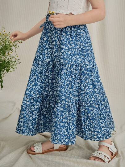 SHEIN Vintaside Kids Young Girl Ditsy Floral Holiday Leisure Skirt
