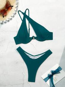 SHEIN Slayr Women's Holiday Solid Color Asymmetrical Neck Hollow Out Sexy Bikini Set, With Underwire Push Up,Summer Beach - Dark Green - View 3