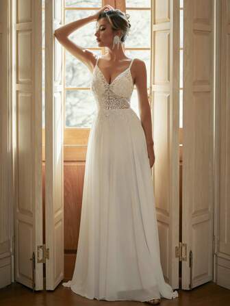 V-Neck Sheer Wedding Dress With Embroidered Beaded White Elegant Bridal Dress