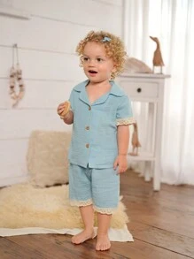 SHEIN Baby Girls' Simple Lake-Blue Short-Sleeved Shorts Casual Two-Piece Homewear Set - Blue - View 1