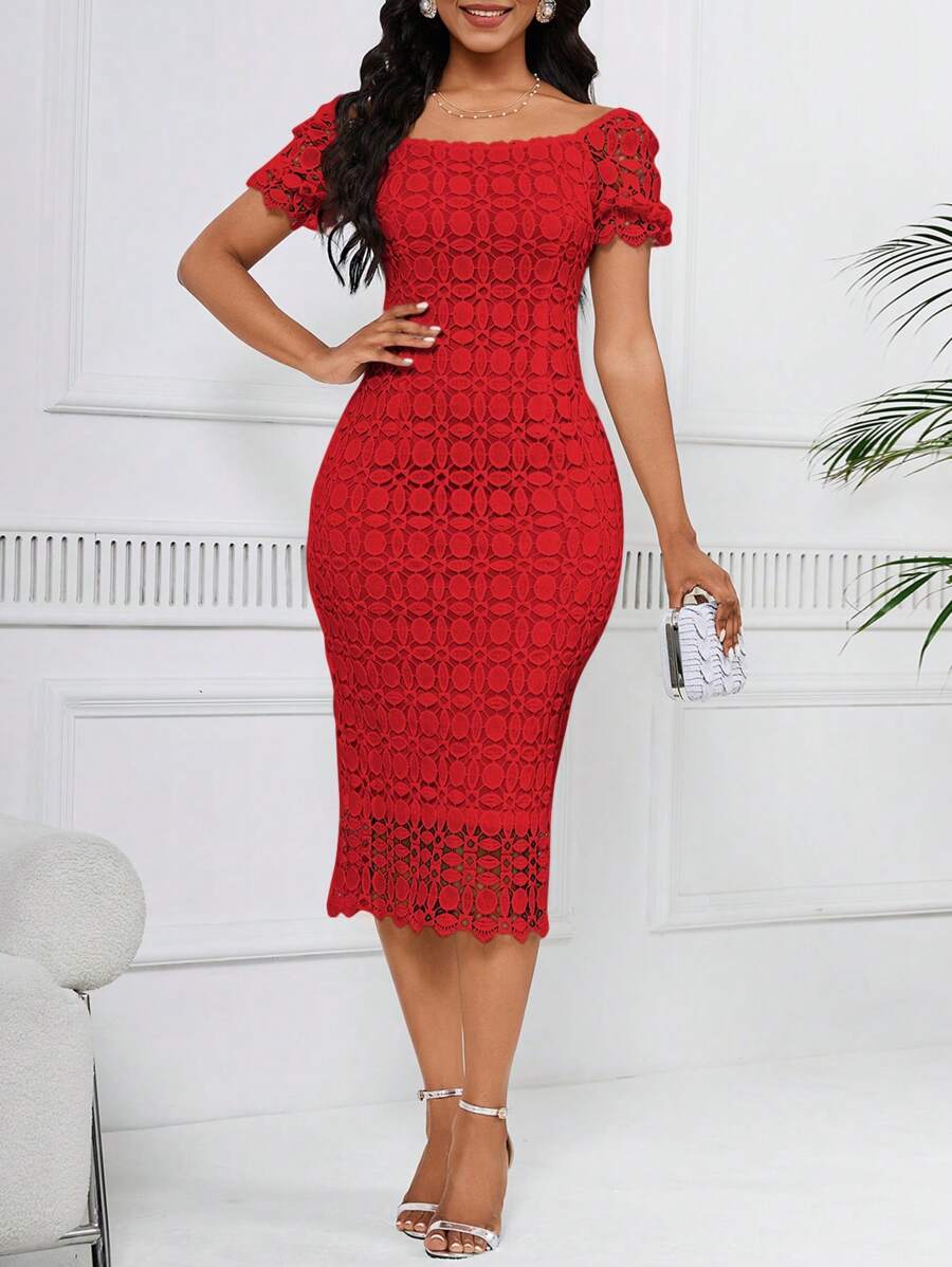 SHEIN Lady Váy cưới ren bó màu trơn cho khách dự tiệc cưới - Đỏ - Xem 1