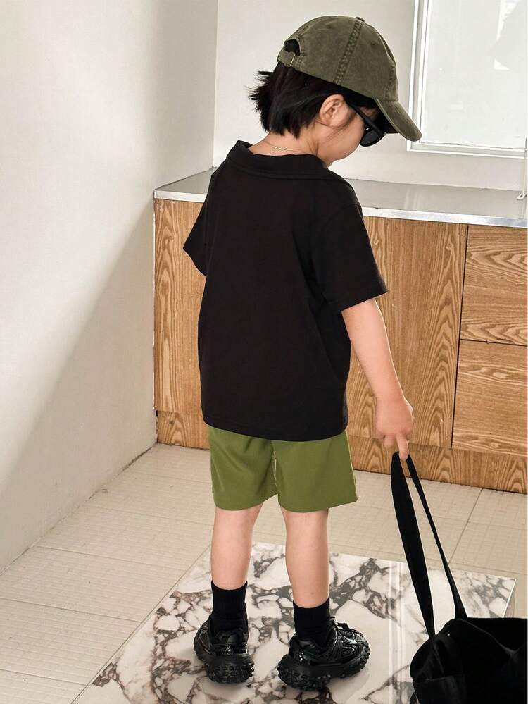 夏に最適なボーイズポロシャツ&プリーツショーツセット、日韓スタイルCプリント