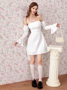 GENKIRA Vintage American Style Casual Sweet & Spicy Backless Drawstring Waist Cutout Design Flare Sleeve Cold-Shoulder Mid-Length Dress Fall Cloth For Women - White - View 1