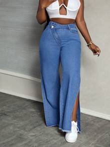 SHEIN Slayr Quần jean ống rộng xẻ tà lưng cao bất đối xứng dành cho nữ - Rửa trung bình - Xem 1