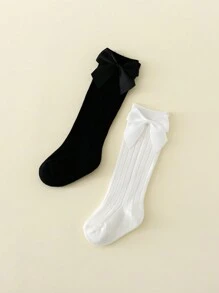 2 Pairs Baby Girls Bowknot Princess Mid-Calf Socks Suitable For Daily Wear