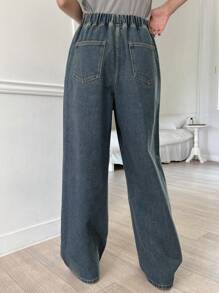 DAZY 女士松紧腰阔腿宽松休闲牛仔裤，宽松牛仔裤 - 淺色水洗藍 - 查看 3