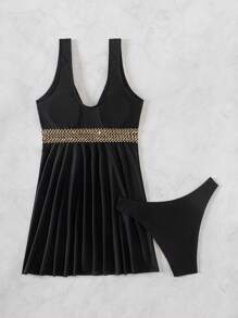 SHEIN Swim Summer Women Vacation Matching Tankini And Bottoms Set, 2pcs - Black - View 7