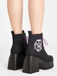ROMWE Goth Women Comfortable Thick Sole Skull Decor  Boots For Halloween - Purple - View 5