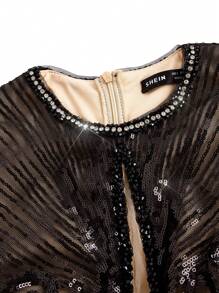 SHEIN Belle Gorgeous Dark Black Sequins Fabric Round Neck Cap Sleeves With Chest Pad Positioning Beaded Hollow Out Fish-Tail Women Evening Dress Elegant Formal Prom Wedding Guest Dress, For Graduation, Dinner