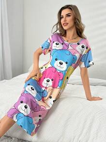 Cute Cartoon Bear Printed Short Sleeve Sleep Dress Pajama Dress For Summer - Multicolor - View 6