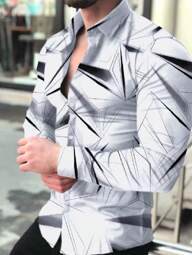 Manfinity AFTRDRK Men's Geometric Printed Casual Long Sleeve Shirt, Spring/Summer