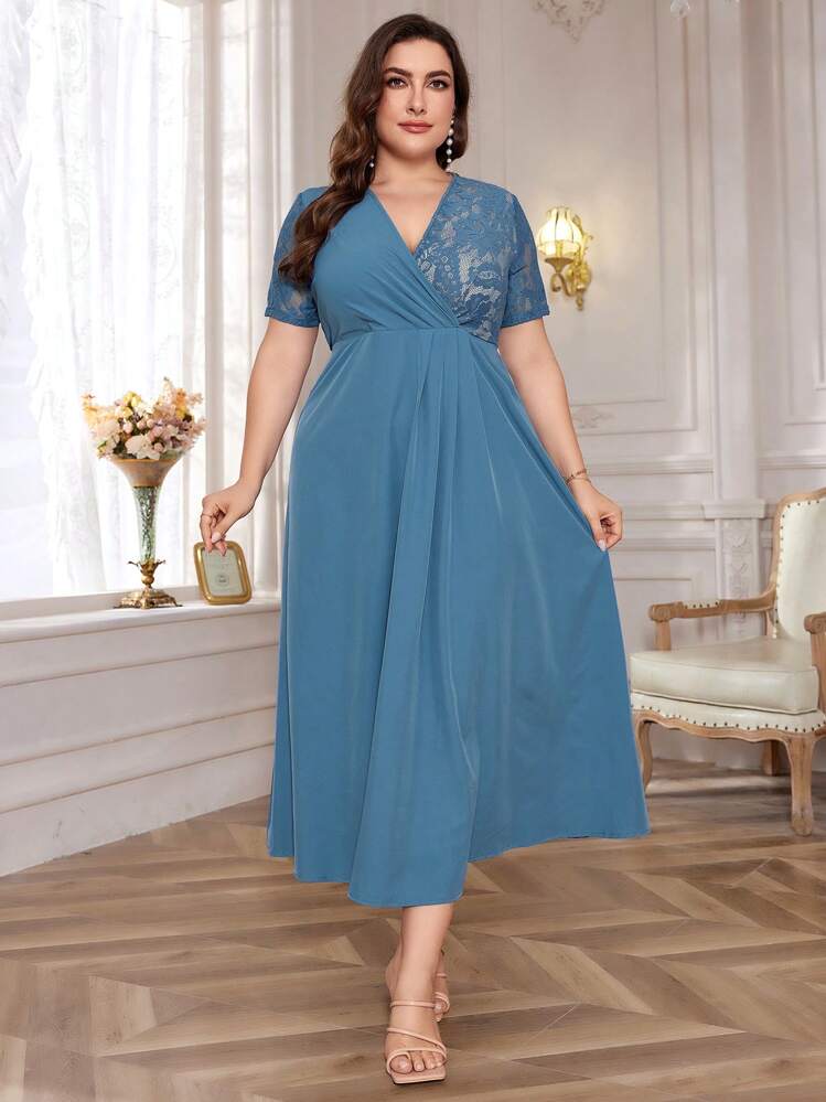 Mulvari Plus Size Women's Elegant Contrast Lace Short Sleeve Long Dress, Summer Maxi Women Outfit - Blue - View 4