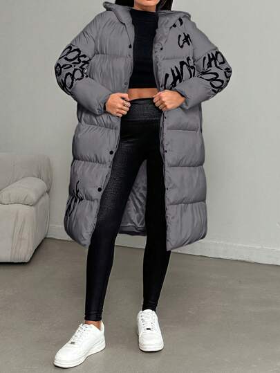EURMUSE Women's Loose Fit Hooded Padded Coat With Letter Print