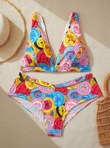 Mr Men Little Miss X SHEIN Bộ bikini hở lưng họa tiết hoạt hình cỡ lớn, mùa hè - Nhiều màu - Xem 1