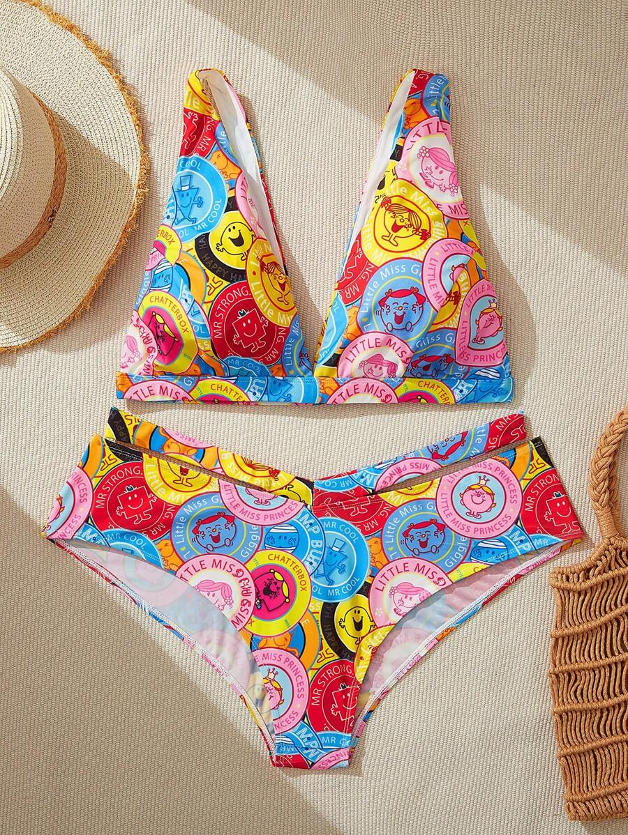 Mr Men Little Miss X SHEIN Bộ bikini hở lưng họa tiết hoạt hình cỡ lớn, mùa hè - Nhiều màu - Xem 1