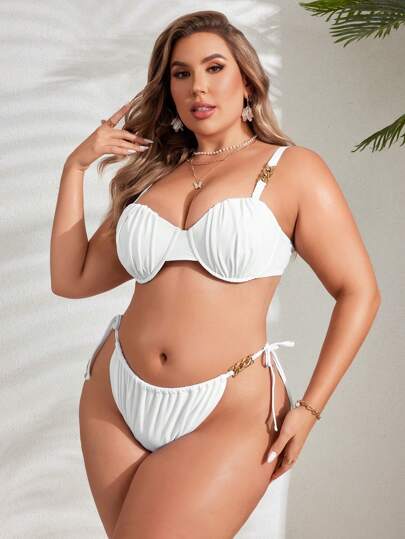 SHEIN Swim Curve 大码女式纯色比基尼套装，带褶边细节，性感度假套装，大码夏季泳装