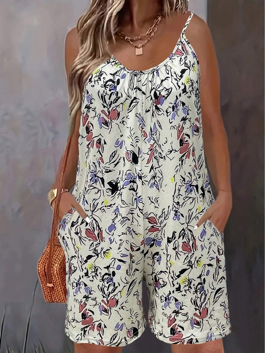 Plus Size Vacation Leisure Plant Printed Jumpsuit With Spaghetti Strap, Summer Eid - Beige - View 1