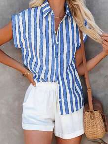 SHEIN LUNE Women's Striped Print Drop Shoulder Short Sleeve Shirt - Blue and White - View 1