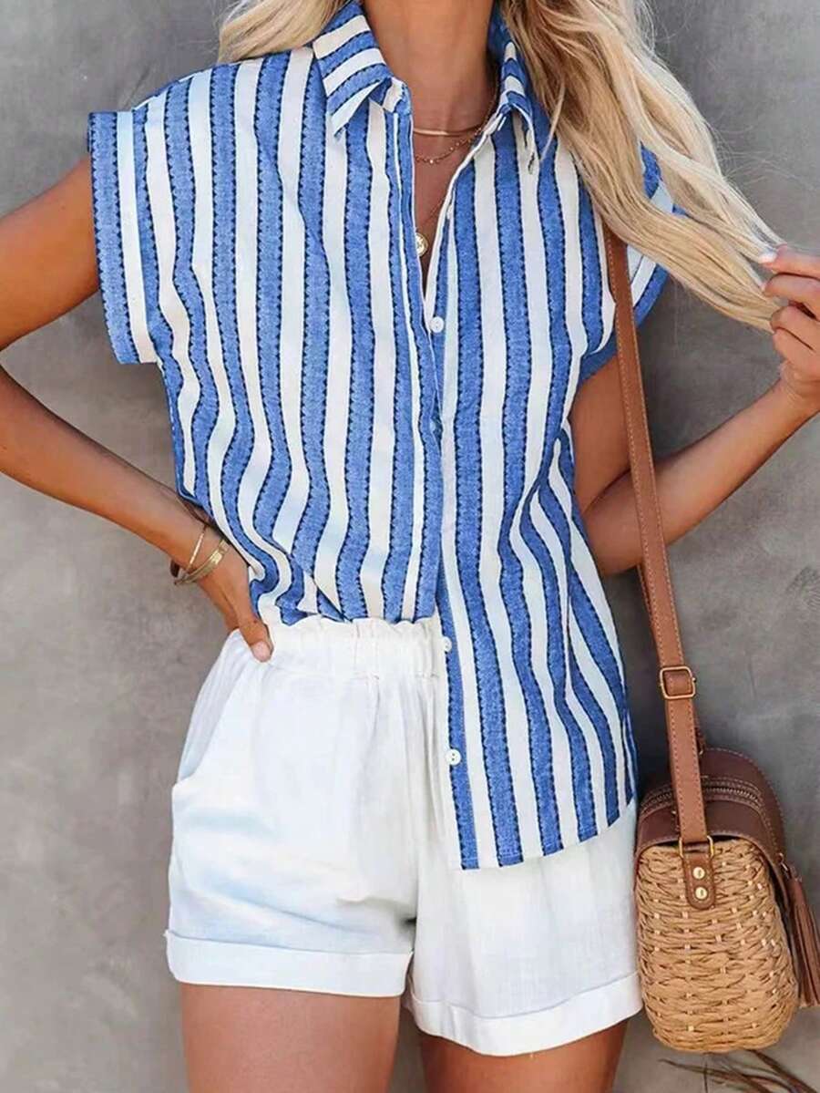 SHEIN LUNE Women's Striped Print Drop Shoulder Short Sleeve Shirt - Blue and White - View 1