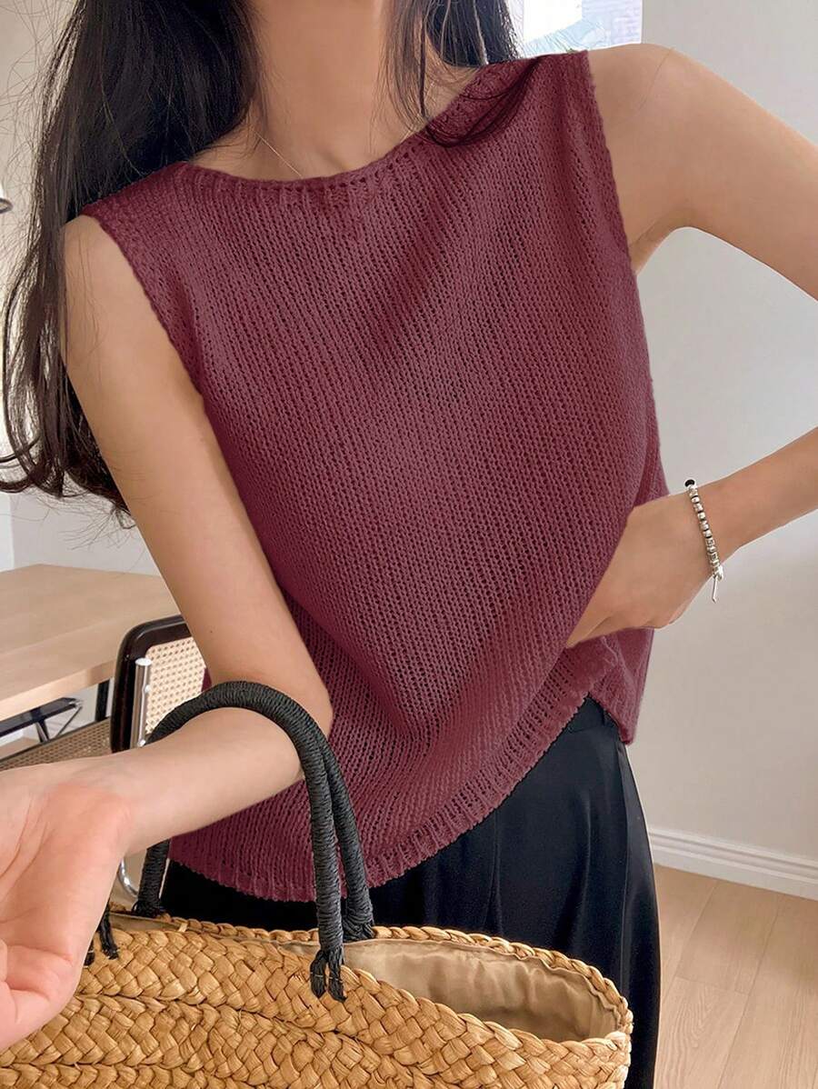 Summer Round Neck Solid Color Sleeveless Knitted Top - Burgundy - View 1