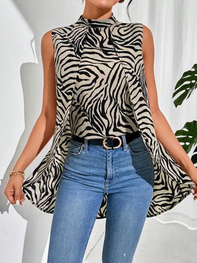 SHEIN Essnce Camisa de dos capas sin mangas y cuello alto con estampado de cebra para mujer de moda de verano