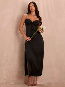 SHEIN BAE Robe longue d'été avec bordure en dentelle noire, nœud devant et fente ouverte - Noir - Voir 3