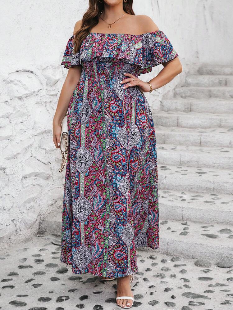 Plus Size Women's Stylish Summer Printed Off Shoulder Dress